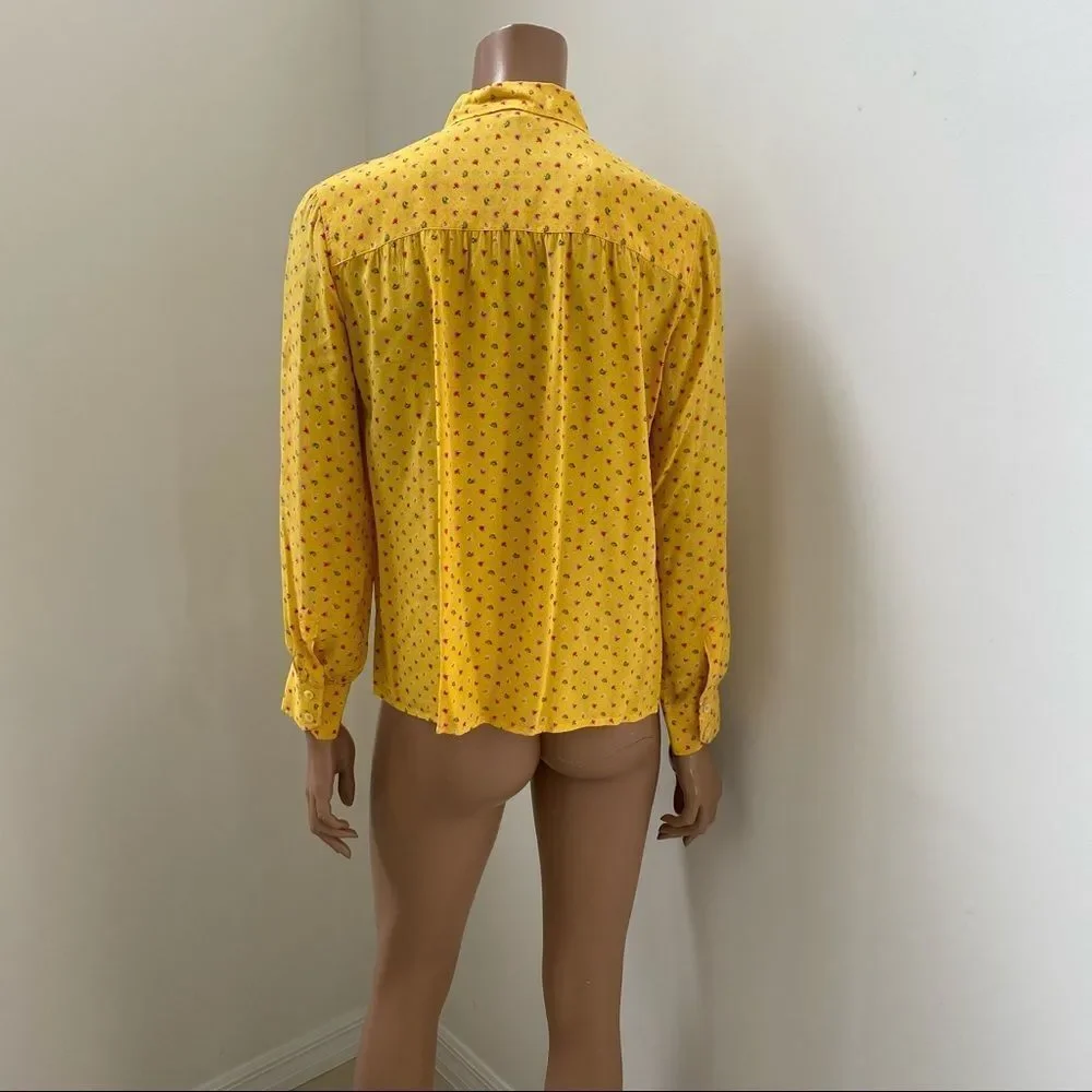 Celine Paris Vintage Yellow Silk Floral Blouse M - Picture 6 of 11